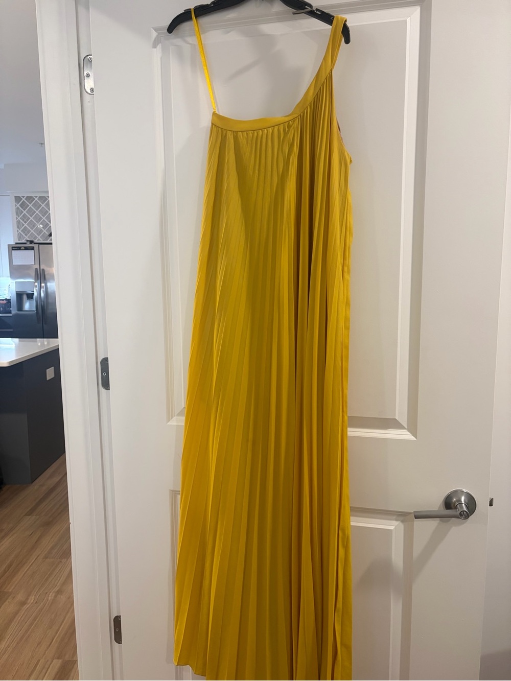 BCBGMaxAzria One-Shoulder Pleated Maxi Dress in Mustard Yellow